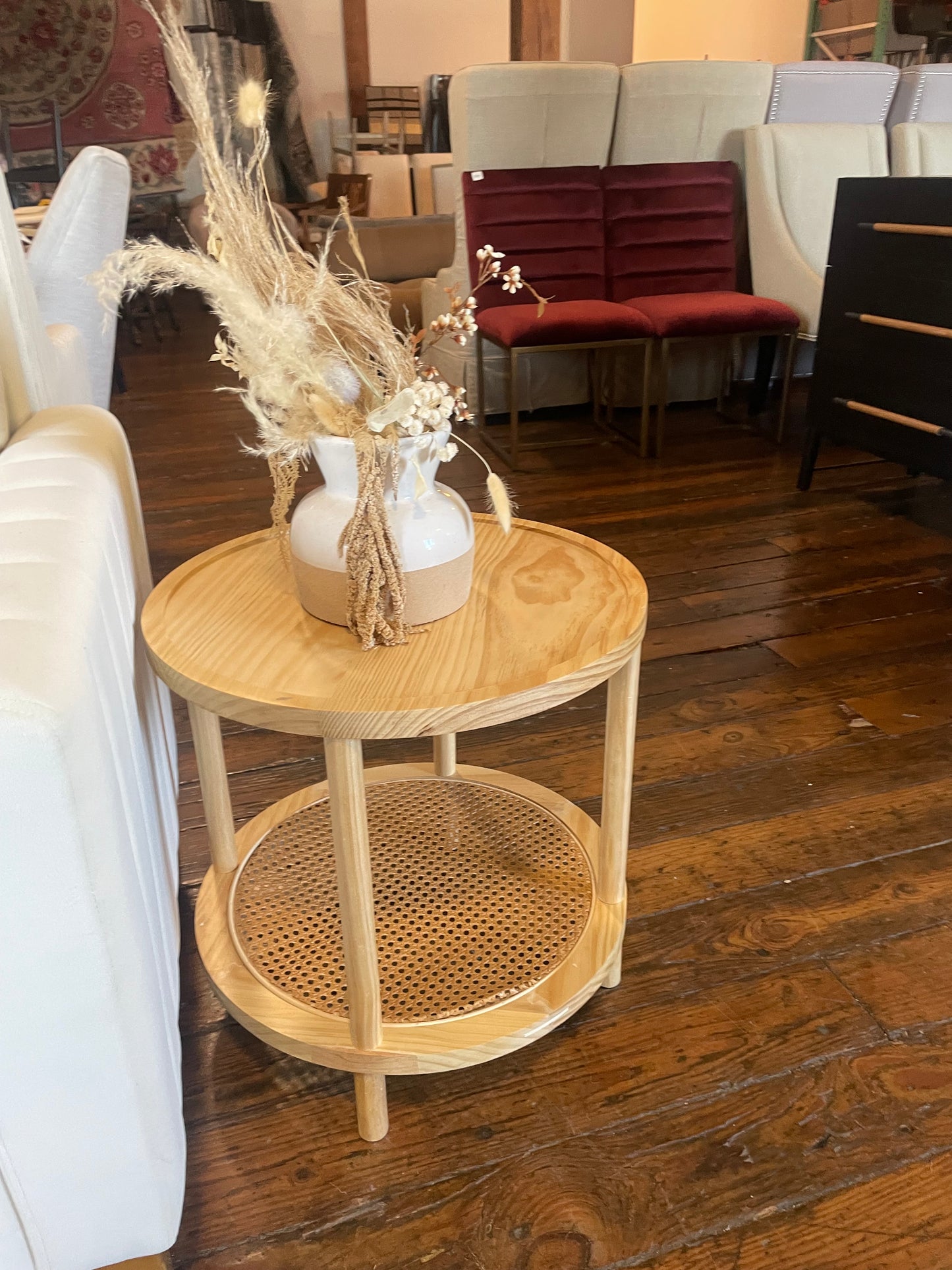 Nathan James light wood end table w/ rattan shelf 🪴
