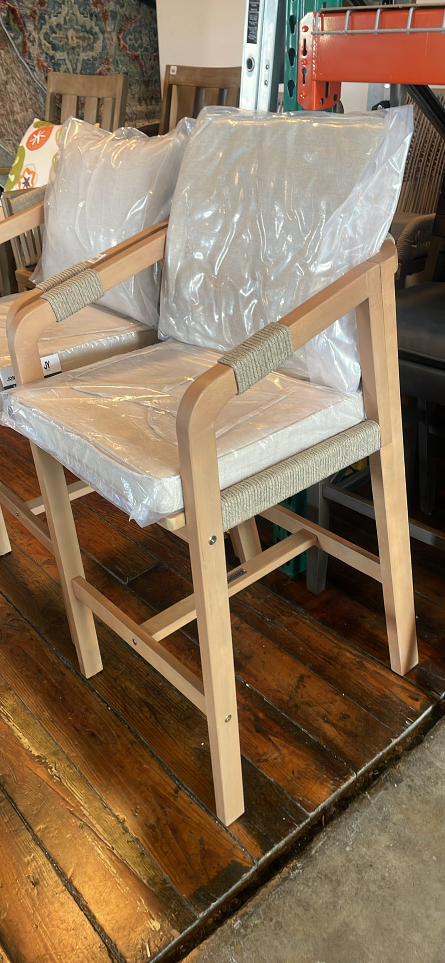 2 modern coastal roped acacia wood beige/light teak indoor / outdoor counterheight barstools 🍸