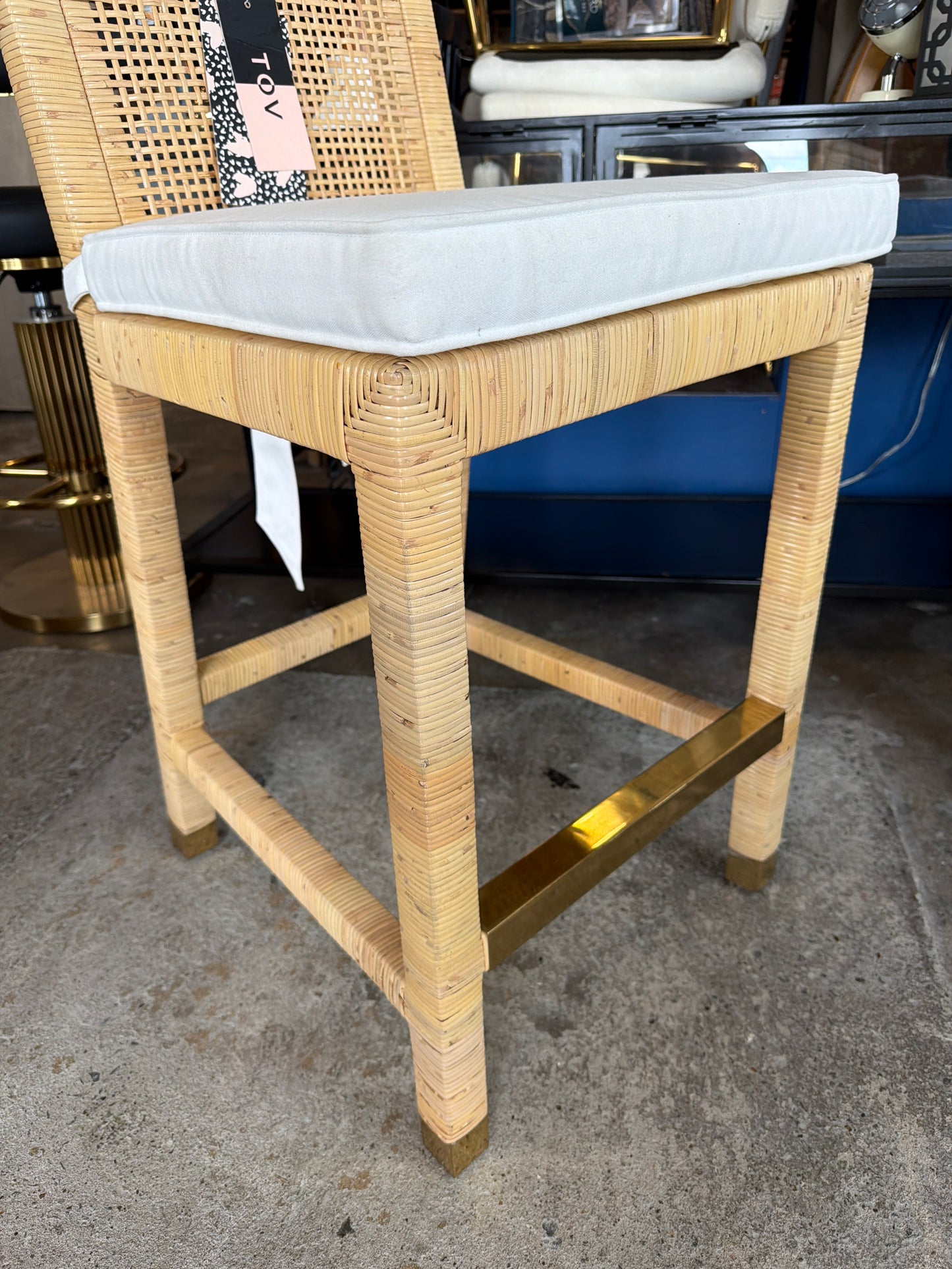 Handwoven coastal woven counterheight  barstool w/ gold bar & white cushion & bow 🌻