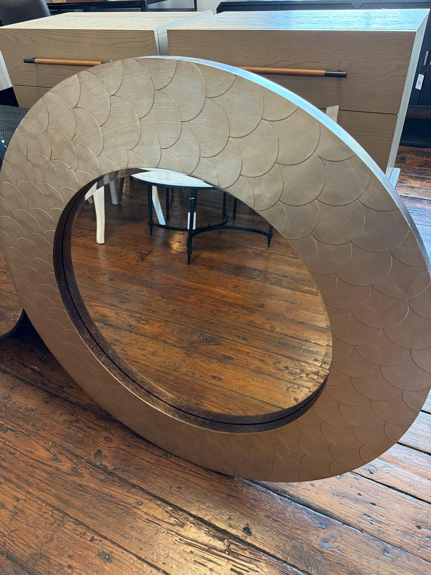 36" round champagne silver textured metal round wood mirror 🪞