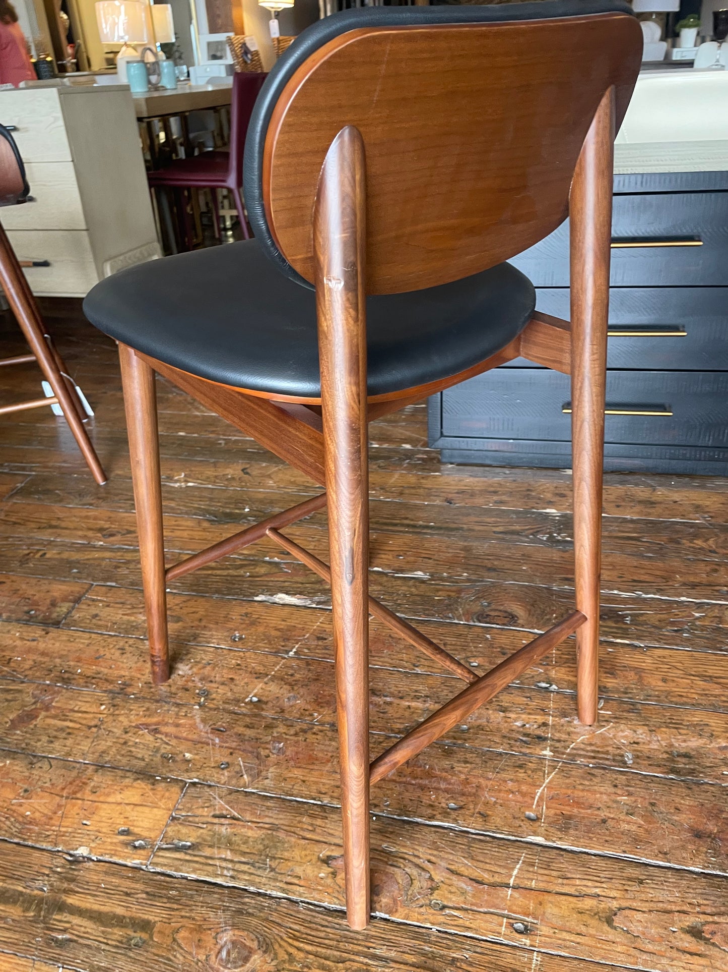 Walnut counterheight Poly & Bark barstool w/ black leather seat 🍷