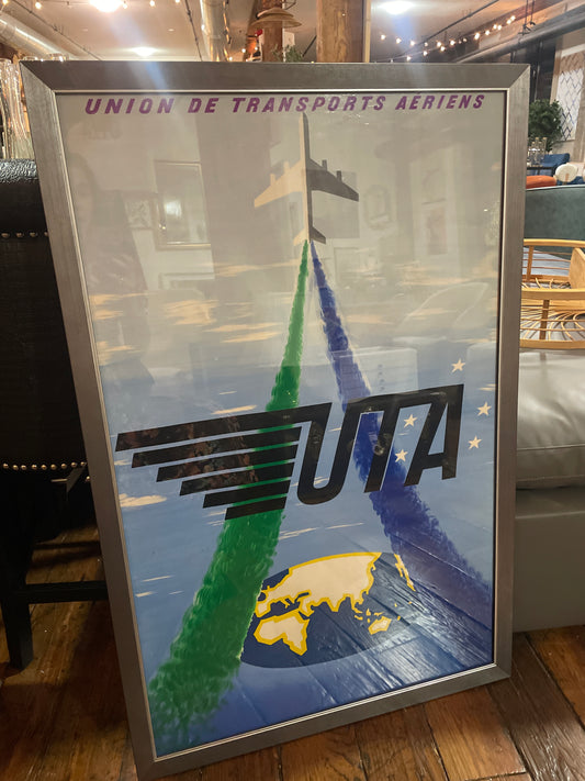 Vintage 26x39 framed UTA airline ad painting ✈️