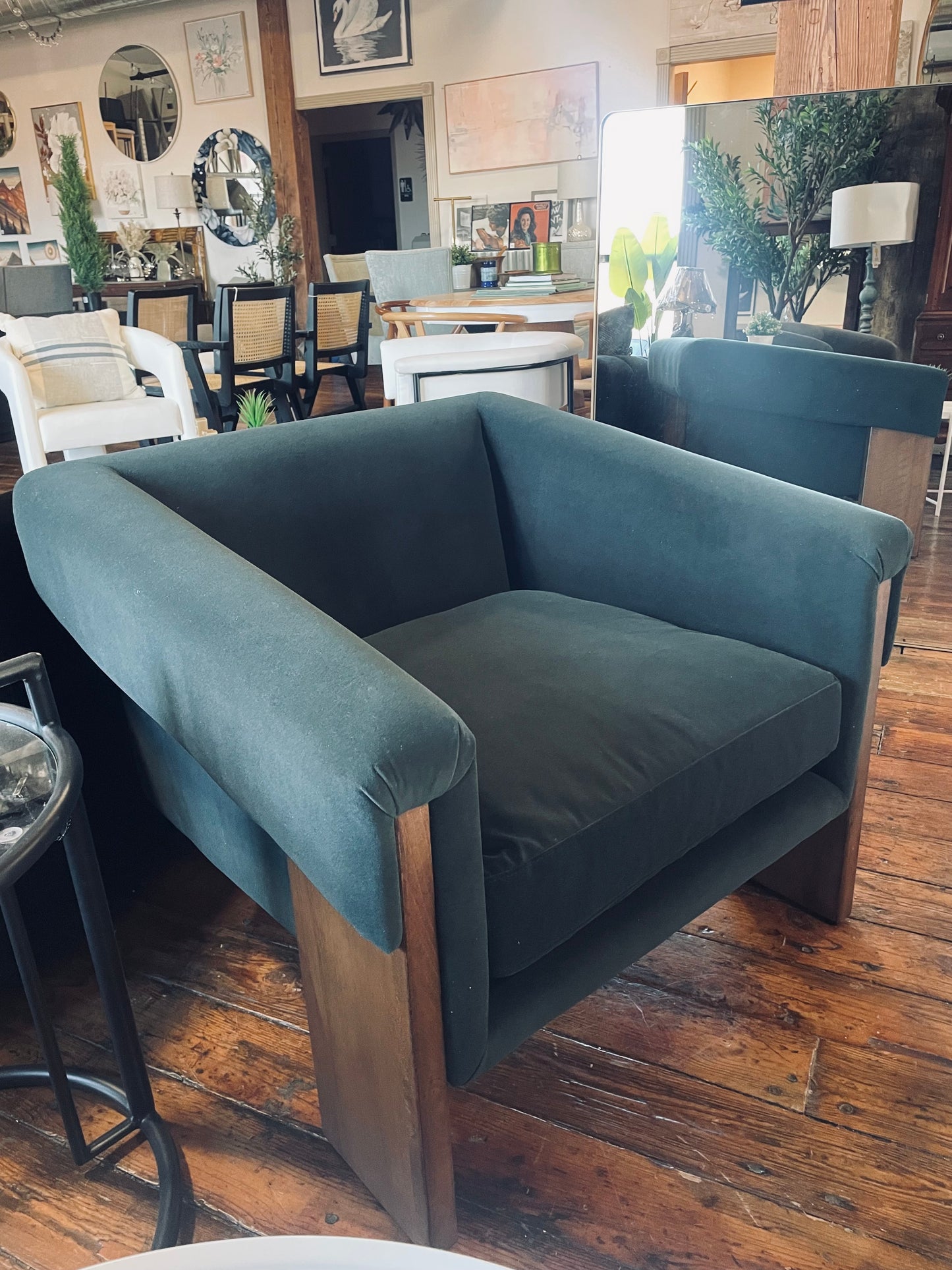 Four Hands modern velvet smoke armchair w/ wood frame 🌷