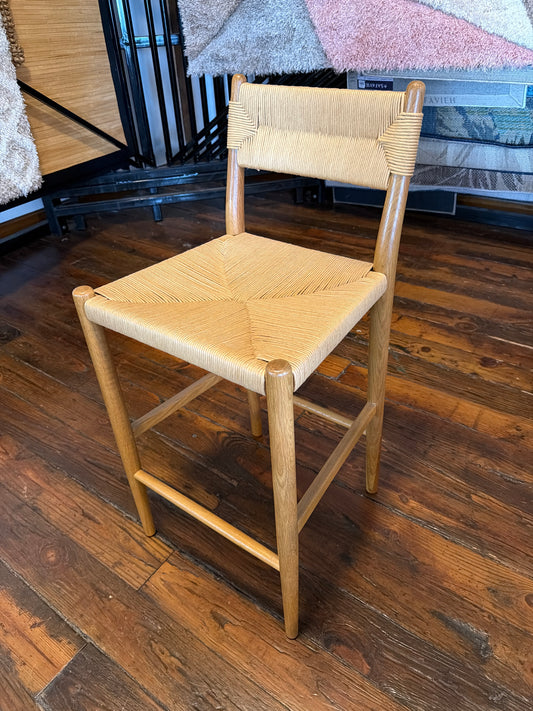 Four Hands neutral brown wood counterheight barstool w/ woven back & seat 🌺