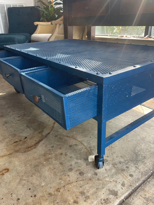 Industrial blue coffee table on wheels w/ 6 drawers 💙