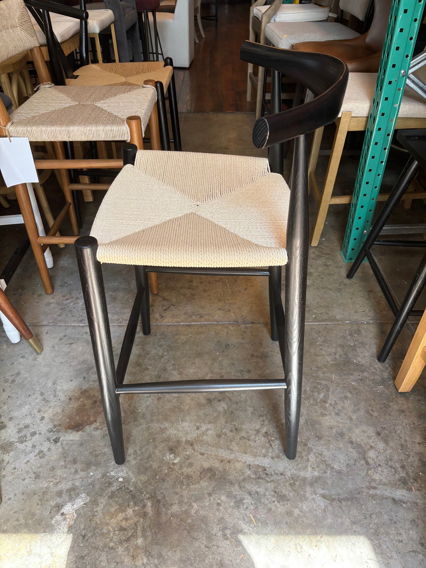 Natural woven counterheight barstool w/ modern black wood back 🌻