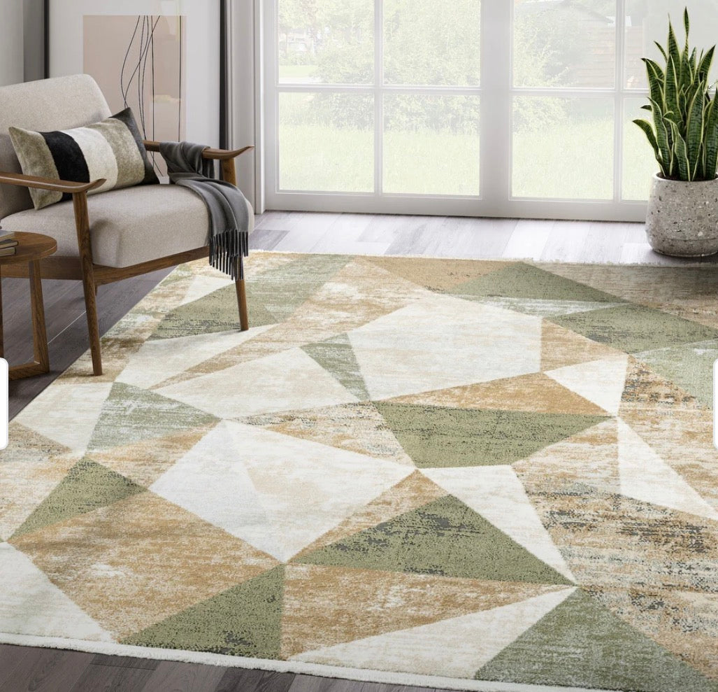 5x8 soft green, brown, & cream geometric rug 🍃