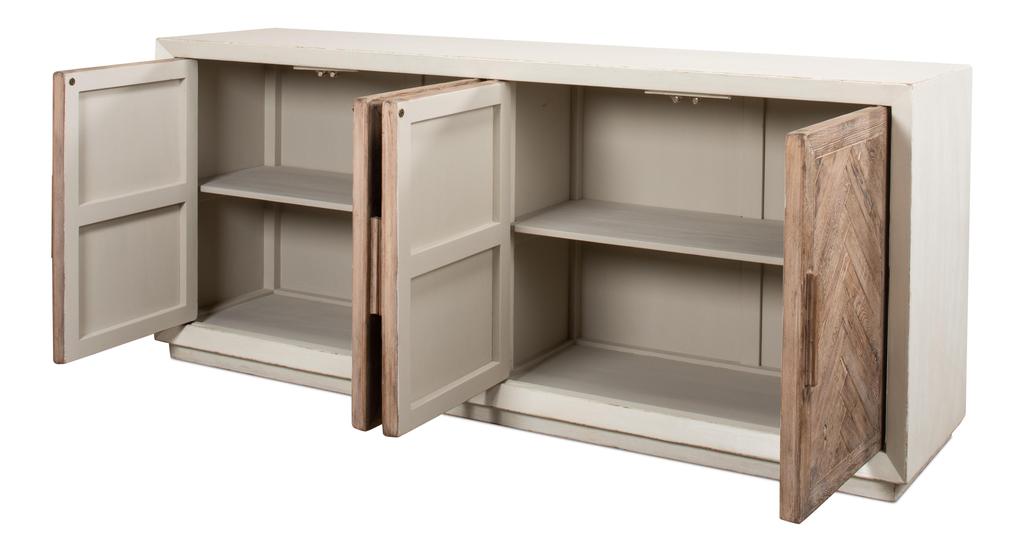 Whitewashed reclaimed pine chevron 4-door sideboard