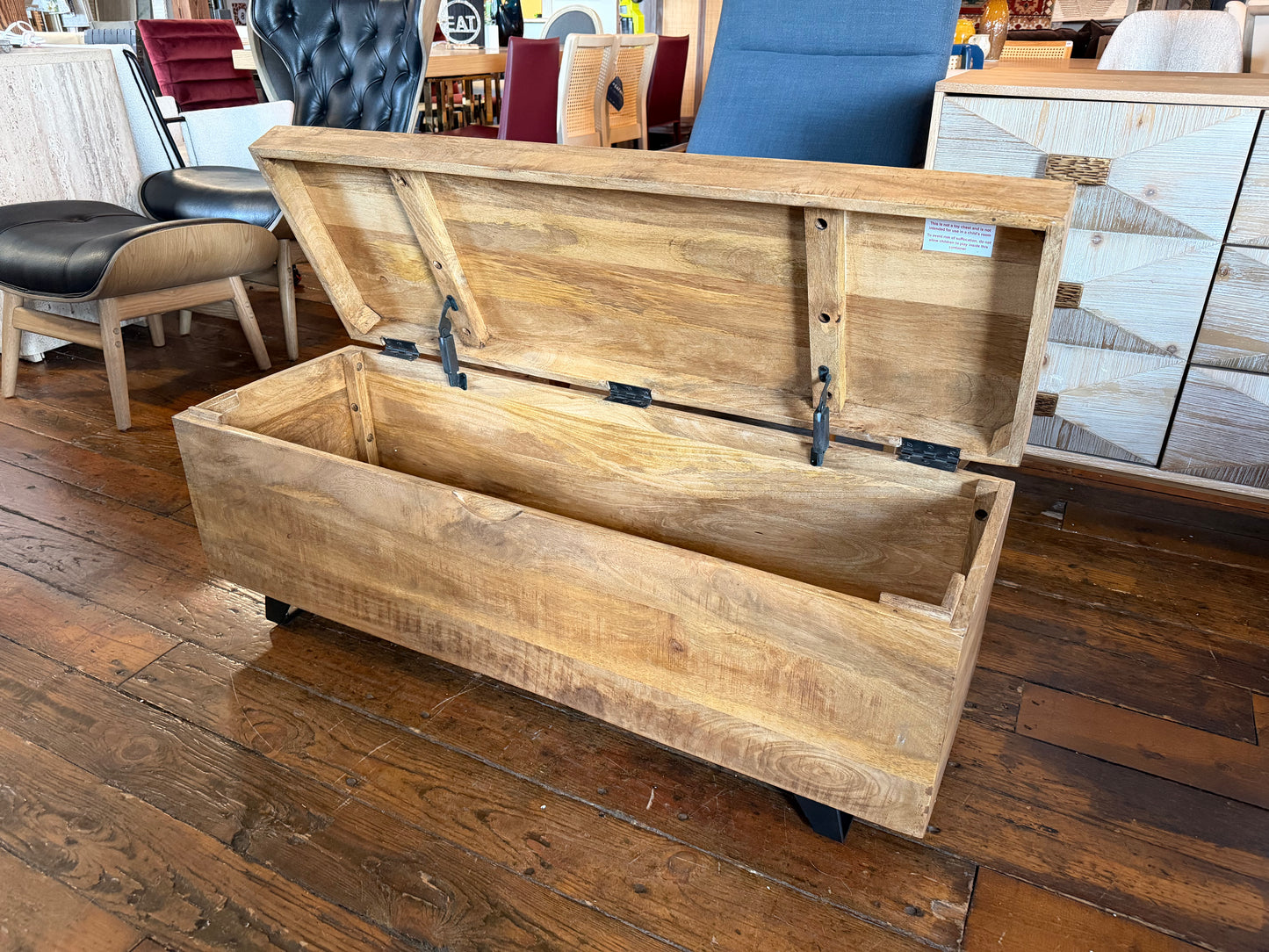 46" brown wood storage trunk w/ black metal legs