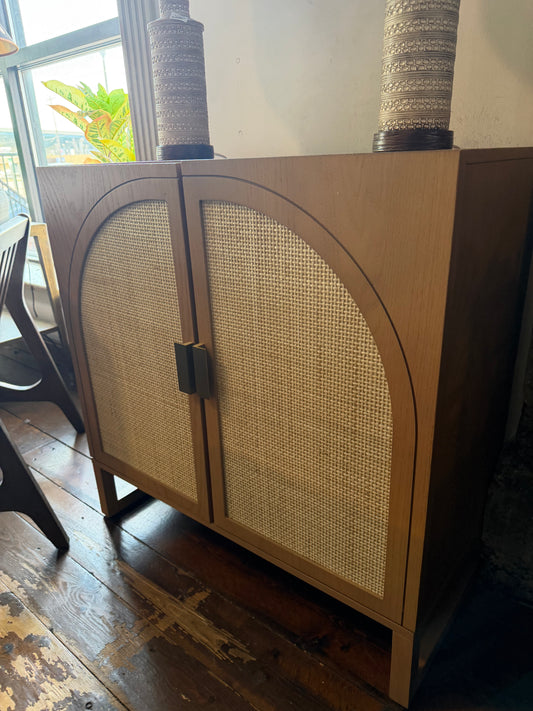 Nathan James MCM raw oak arched accent cabinet w/ rattan & adjustable shelf 🌻