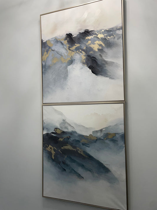 Gold-framed 33x37 abstract blue, grey, & gold art ✨