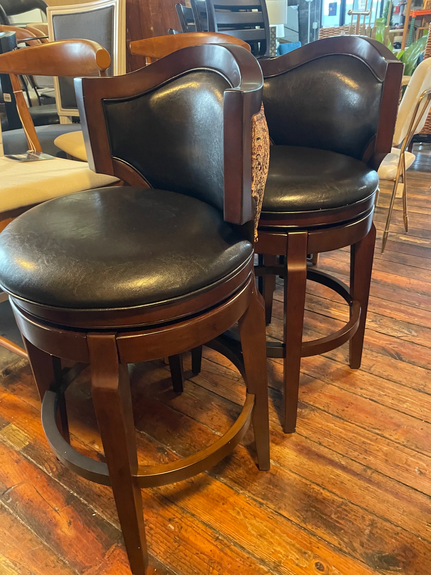 2 upholstered gold & red paisley barheight barstools w/ black vegan leather cushions 🍷