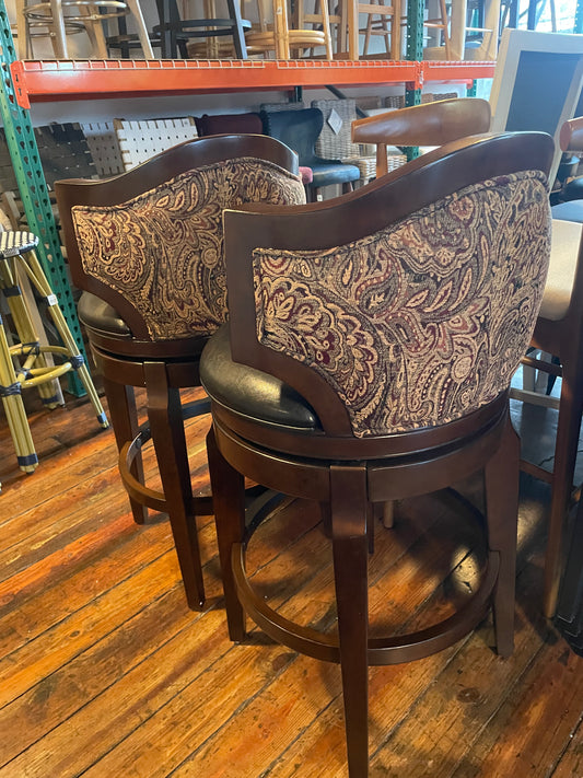 2 upholstered gold & red paisley barheight barstools w/ black vegan leather cushions 🍷