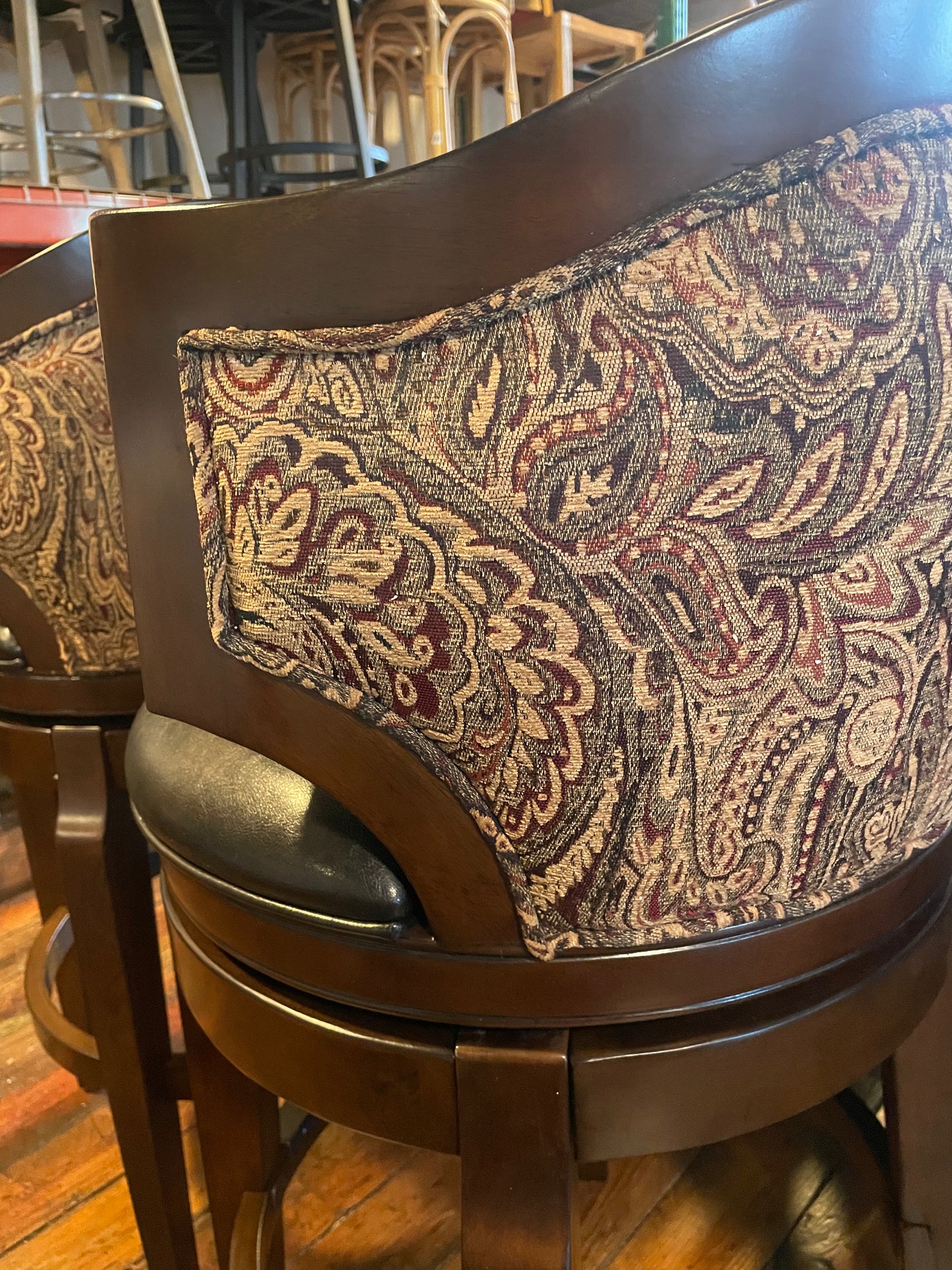 2 upholstered gold & red paisley barheight barstools w/ black vegan leather cushions 🍷