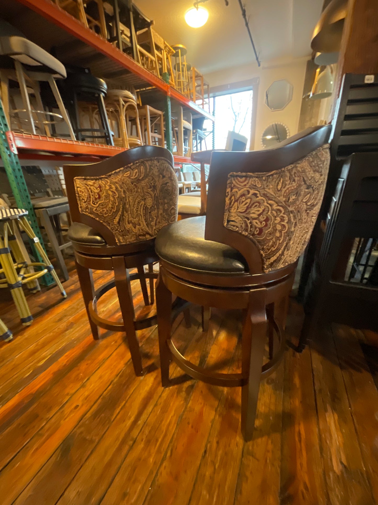 2 upholstered gold & red paisley barheight barstools w/ black vegan leather cushions 🍷