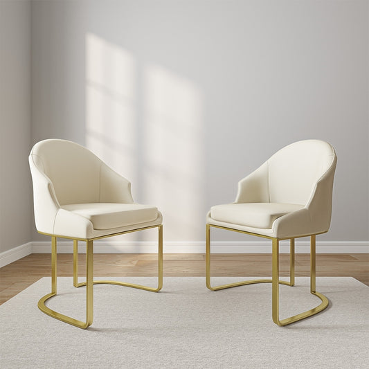 2 beige vegan leather & gold dining chairs
