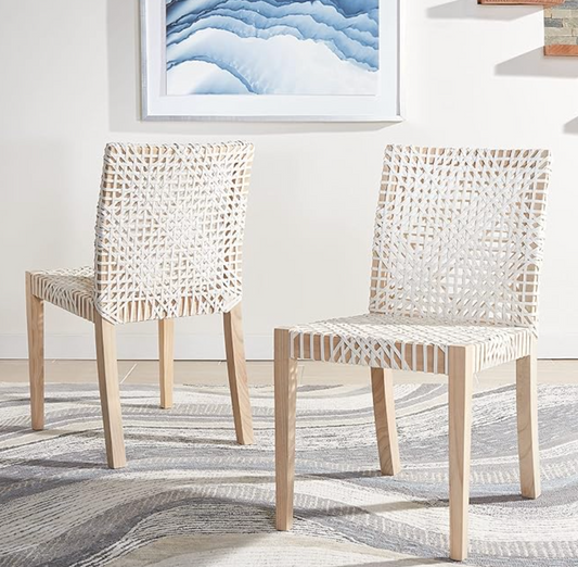 2 natural teak wood & white woven leather dining chairs 🤍
