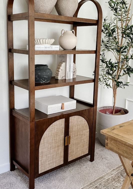 Nathan James arched door rattan & dark acacia bookshelf with doors 🤎
