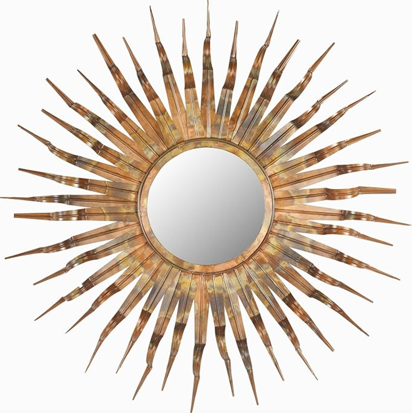 Iron, wood and glass sunburst mirror w/ copper finish ☀️