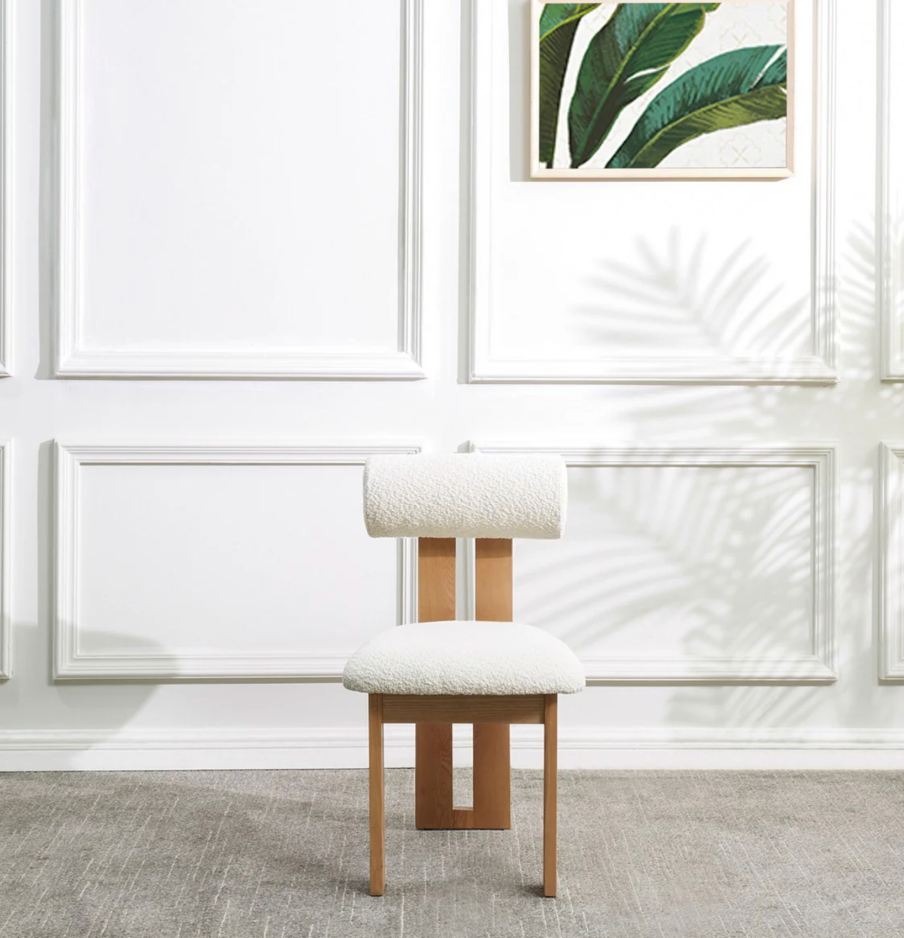 Elegant white boucle dining chair w/ ash wood legs 🤍