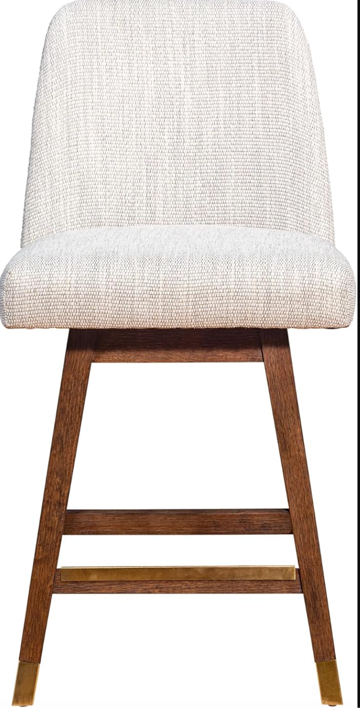 Modern farmhouse swivel barstool in brown oak wood with beige fabric 🥂