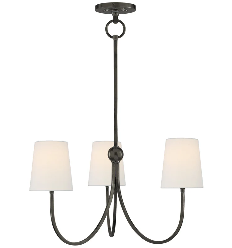 Small bronze Thomas O'Brien chandelier w/ linen shades 🧺