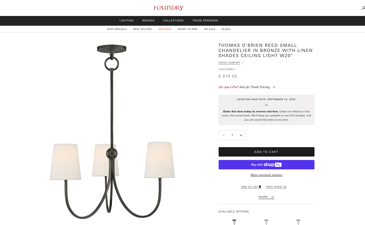 Small bronze Thomas O'Brien chandelier w/ linen shades 🧺