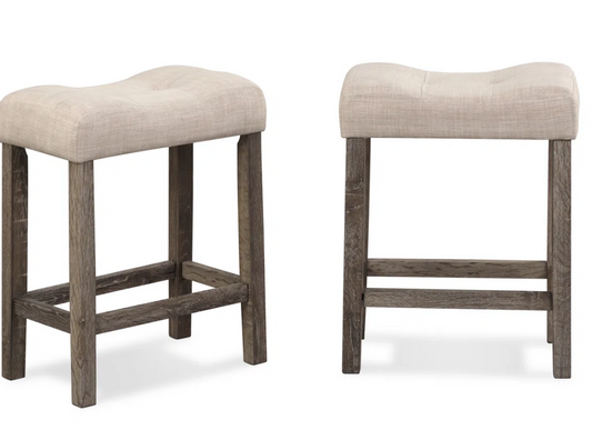 2 beige button-tufted counterheight saddle barstools 🍻