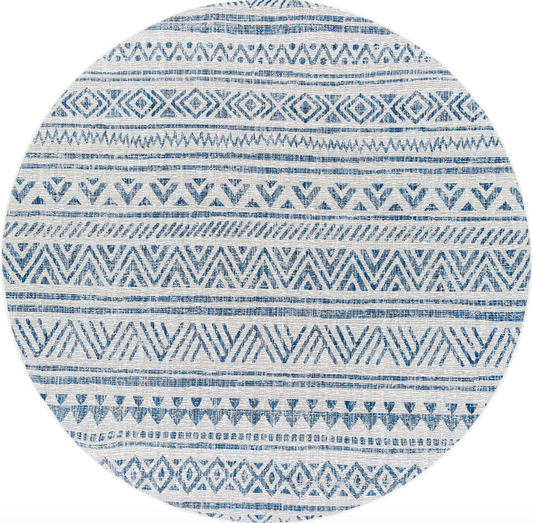 7ft round blue & white boho rug 💙