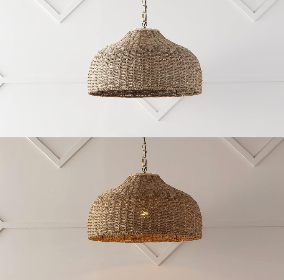 Coastal boho rustic 20" rattan/iron dome LED pendant ☀️