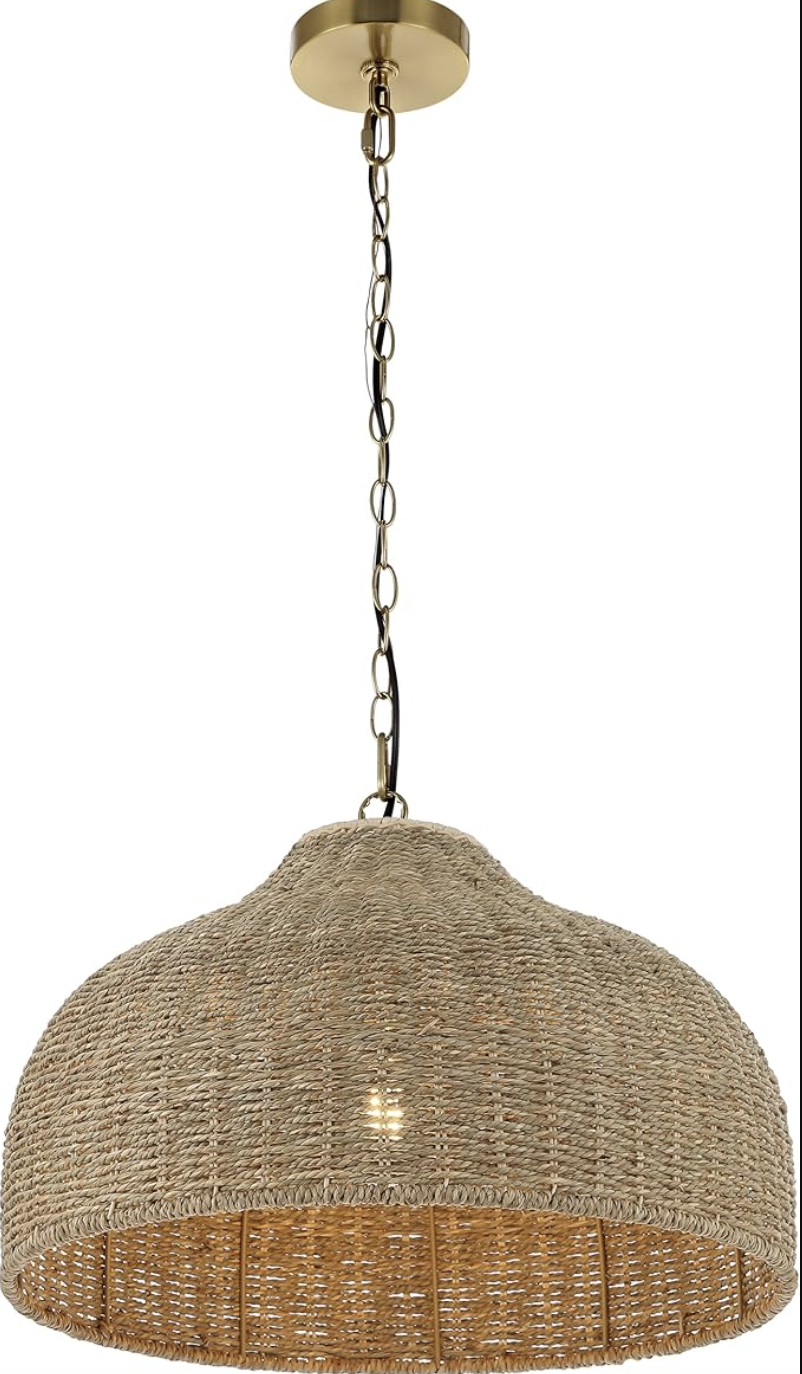 Coastal boho rustic 20" rattan/iron dome LED pendant ☀️