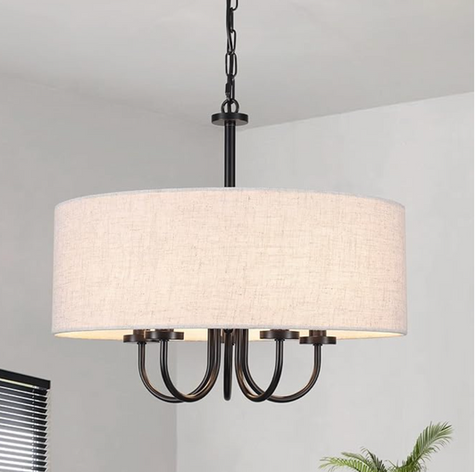 Modern 19" modern 5-light farmhouse black drum chandelier w/ linen shade🖤