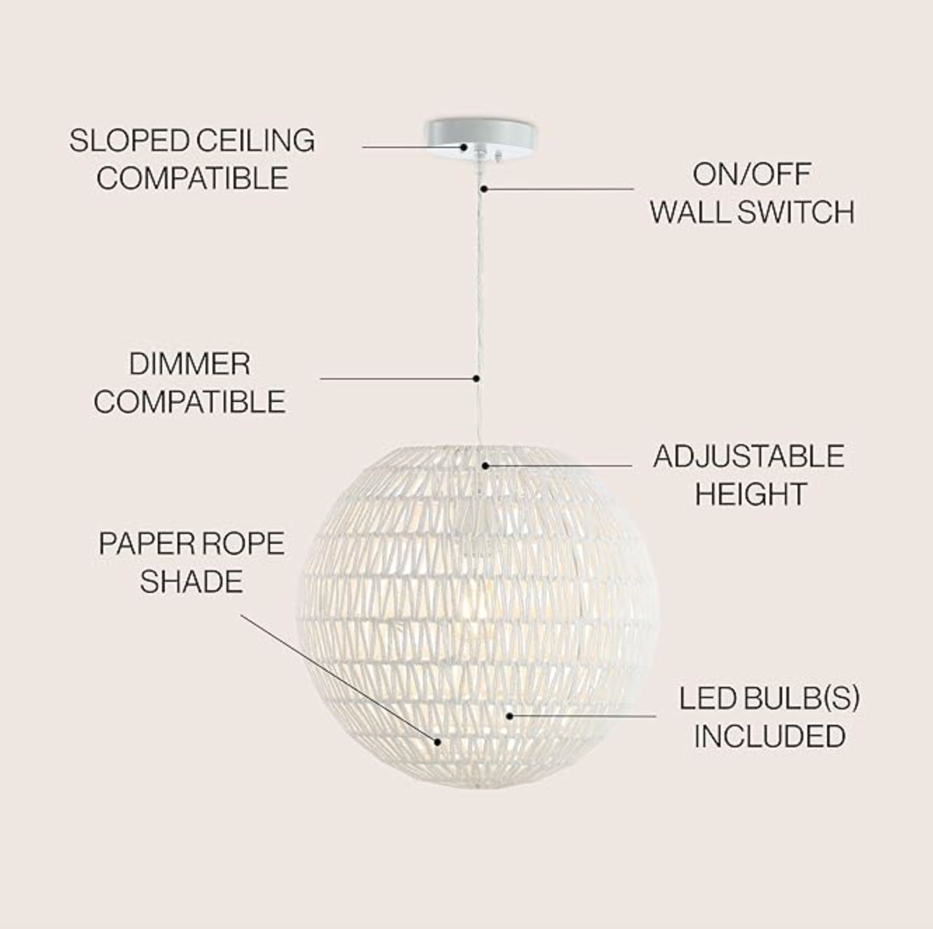 Minimalist modern dimmable adjustable 15.7" woven white rattan LED pendant 🤍