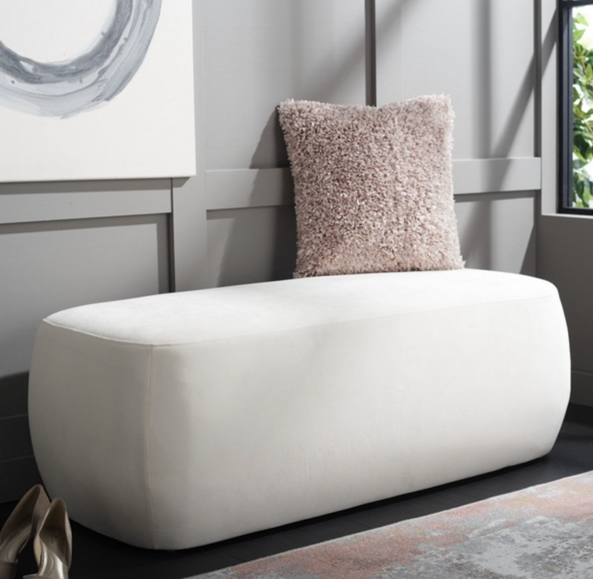 Cream rectangular 50" wide velvet ottoman 🍶
