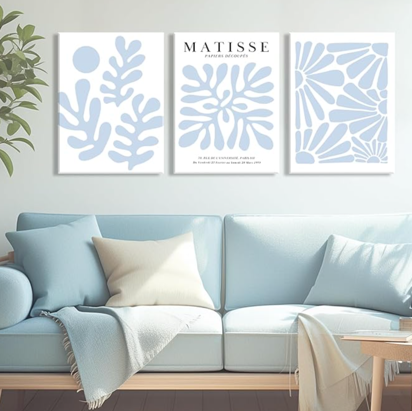 Light blue & white Matisse flower 16x24 set of 3 wall canvas 💙
