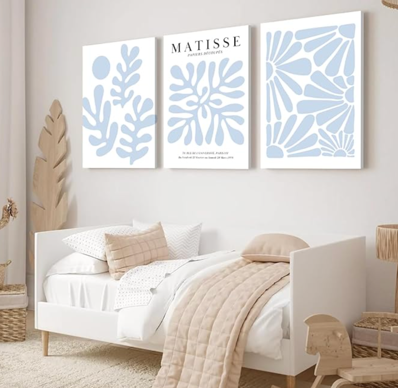 Light blue & white Matisse flower 16x24 set of 3 wall canvas 💙