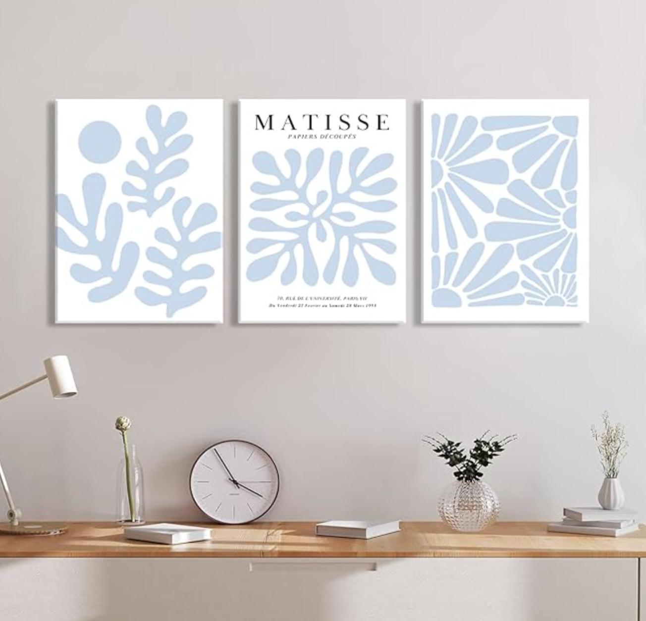 Light blue & white Matisse flower 16x24 set of 3 wall canvas 💙