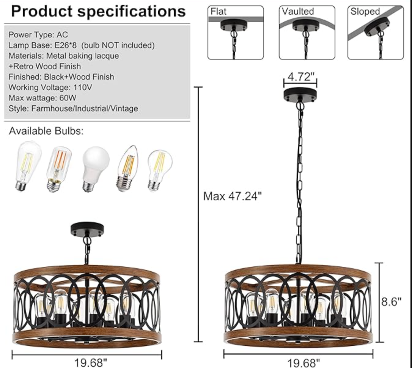 Black & brown wood farmhouse 8-light drum 20" pendant light 🌼