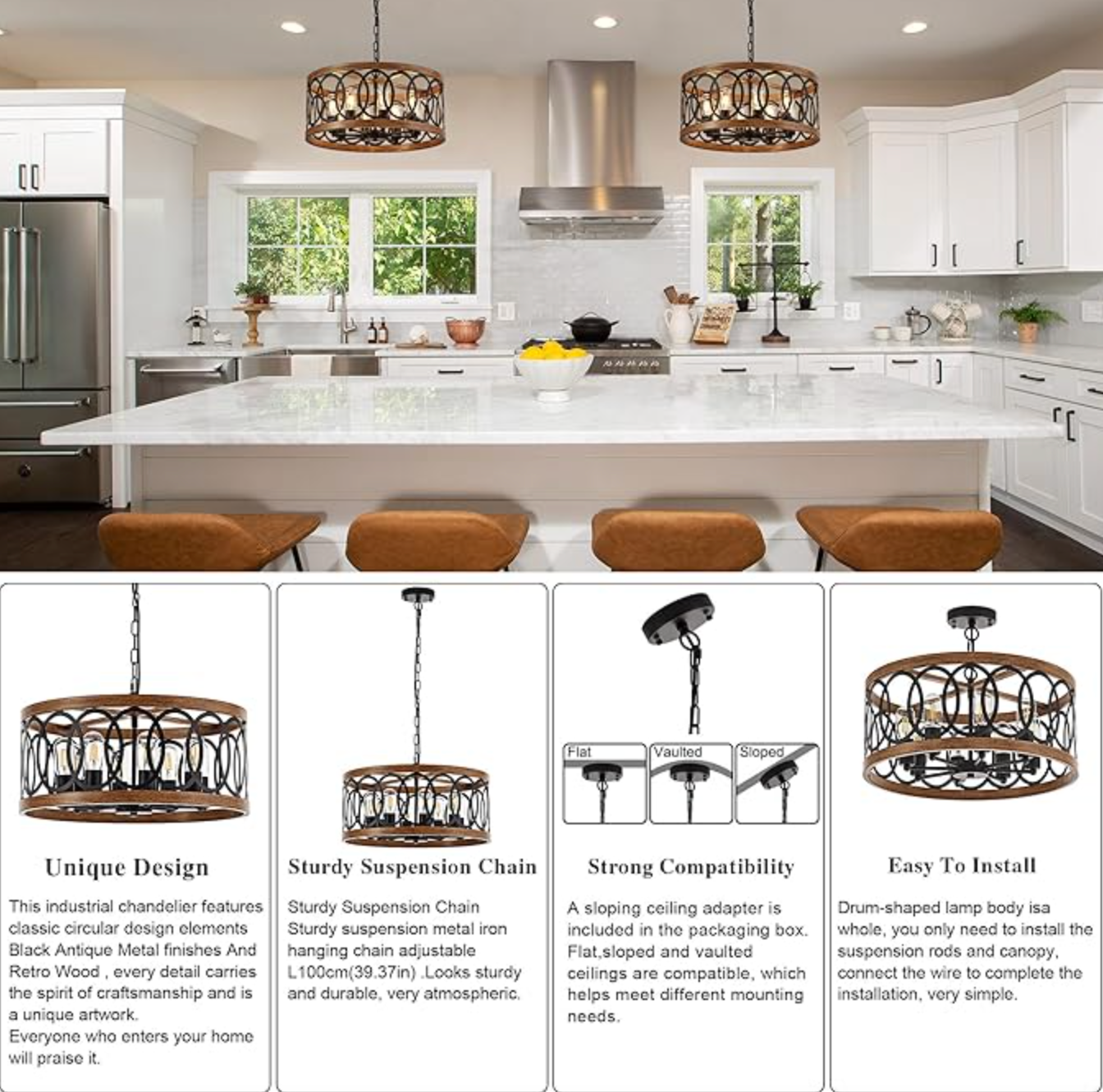Black & brown wood farmhouse 8-light drum 20" pendant light 🌼