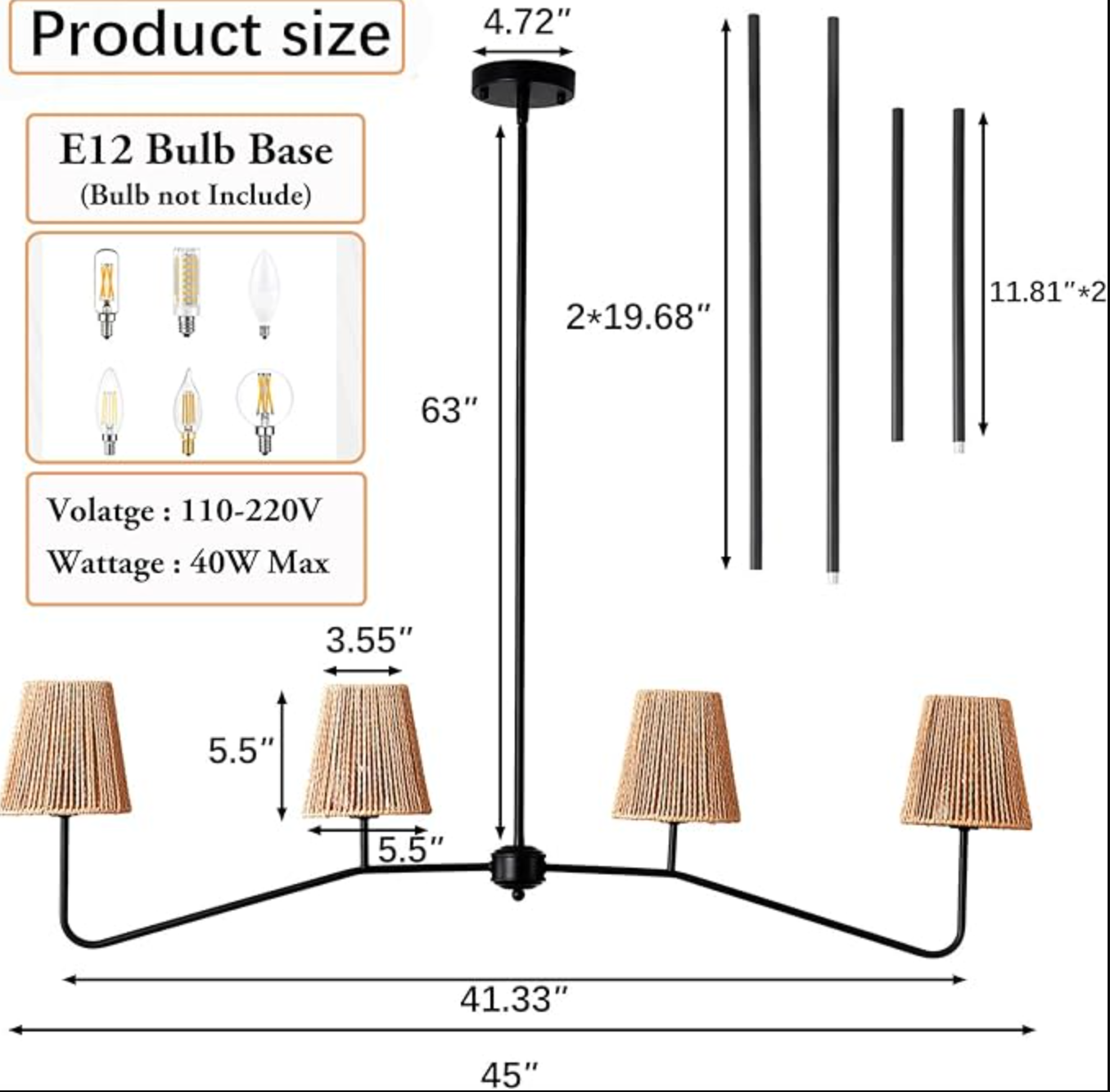 Farmhouse 45" W rattan industrial linear 4-light chandelier 🌻