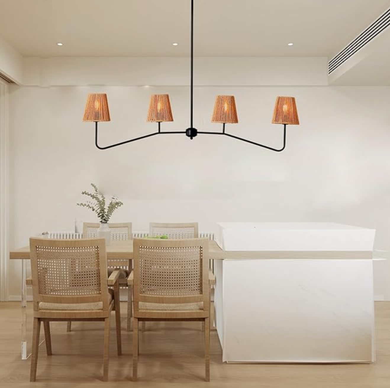 Farmhouse 45" W rattan industrial linear 4-light chandelier 🌻