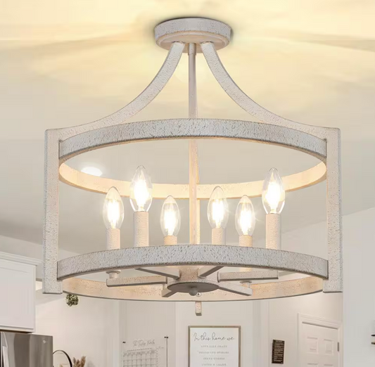 Distressed 19" white rustic farmhouse 6-light chandelier 🌻