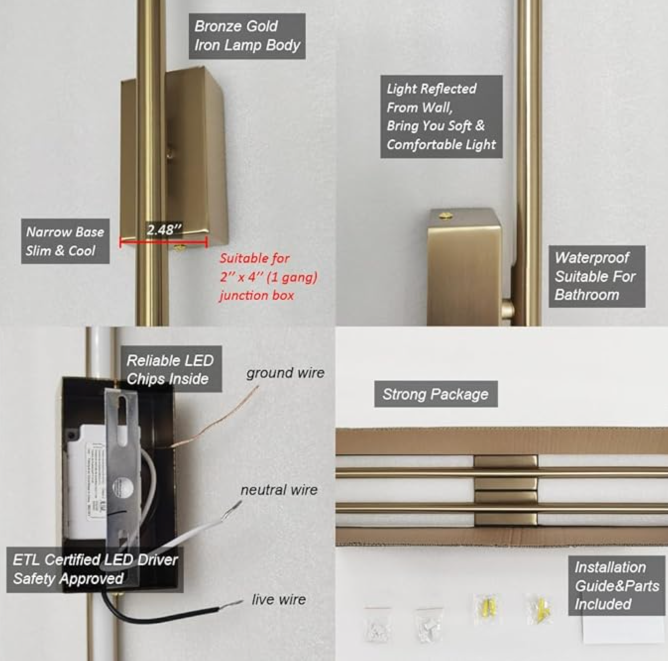 Set of 2 dimmable hardwired linear gold LED wall 40" sconces 💫