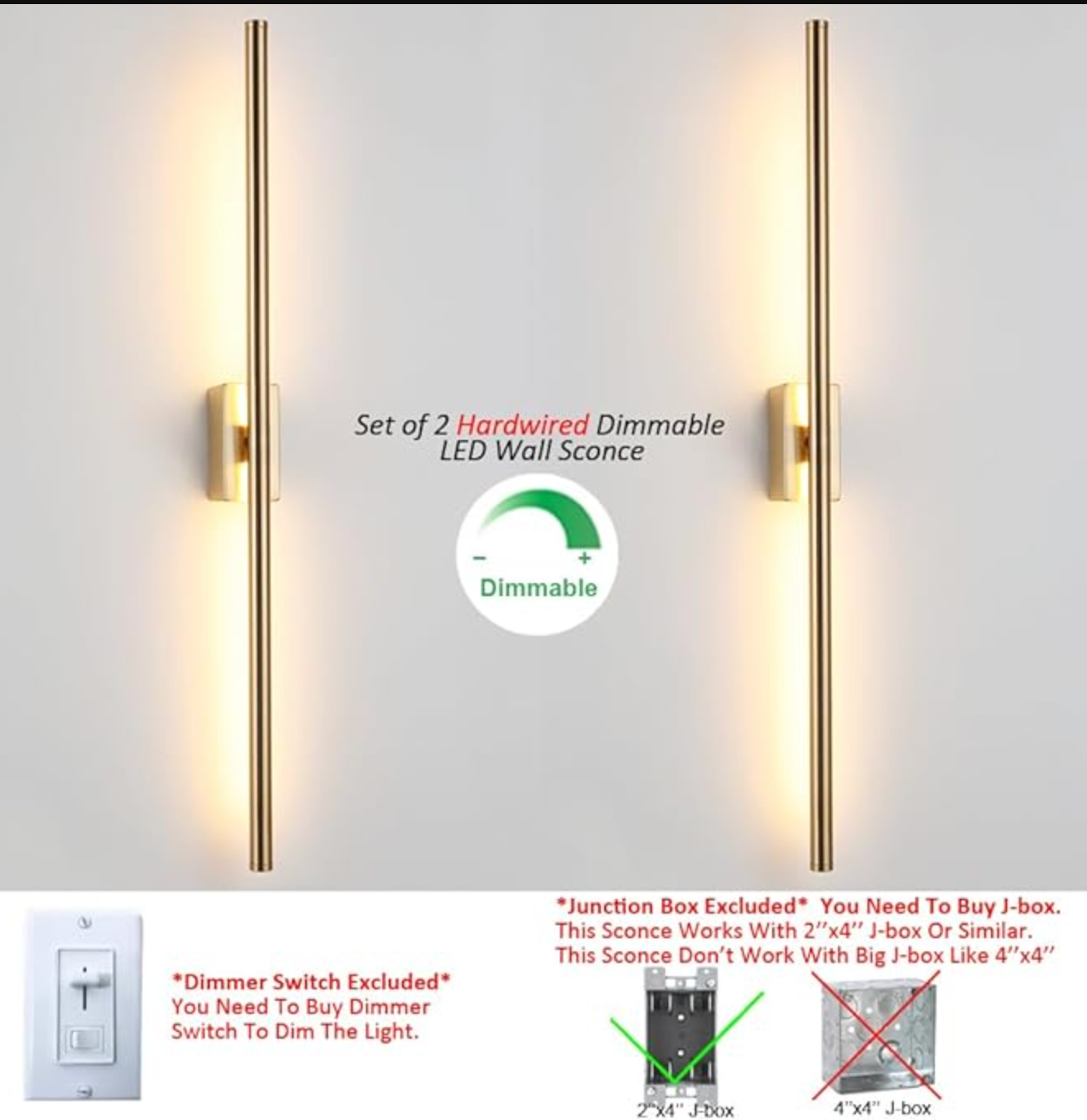 Set of 2 dimmable hardwired linear gold LED wall 40" sconces 💫