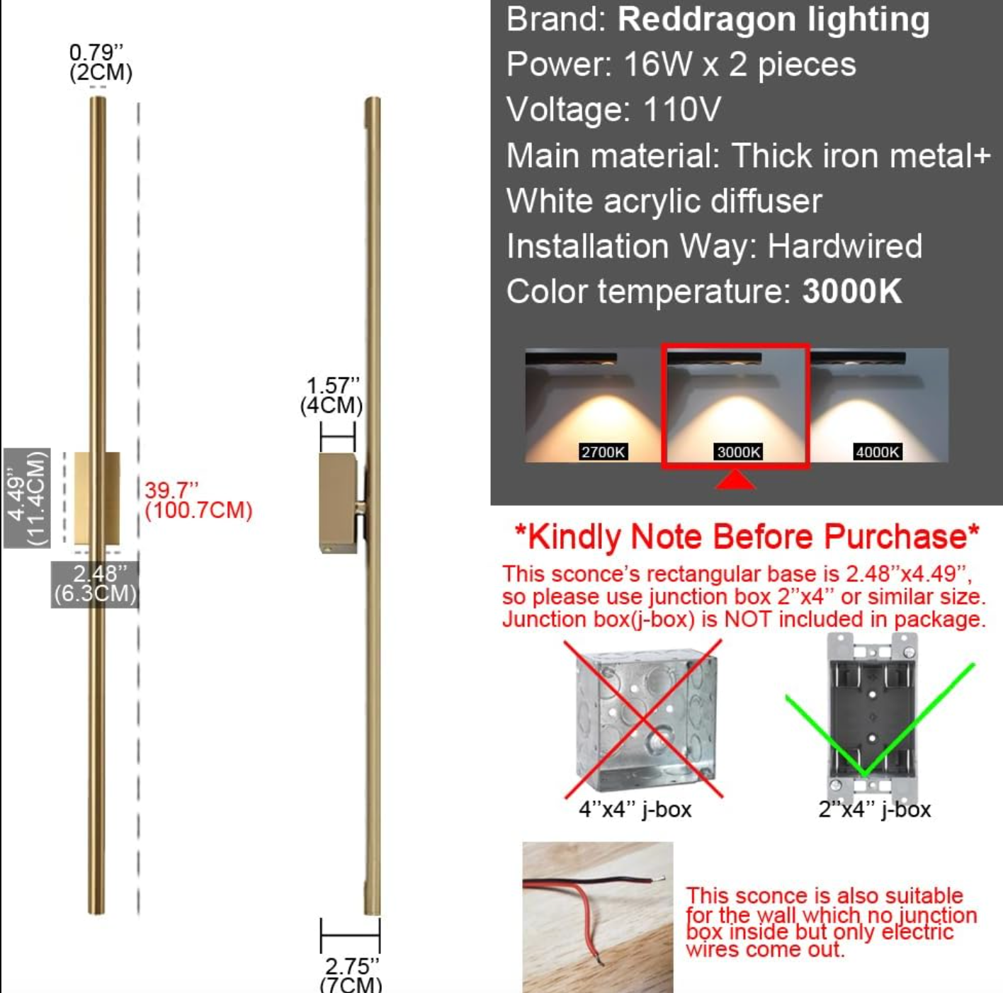 Set of 2 dimmable hardwired linear gold LED wall 40" sconces 💫