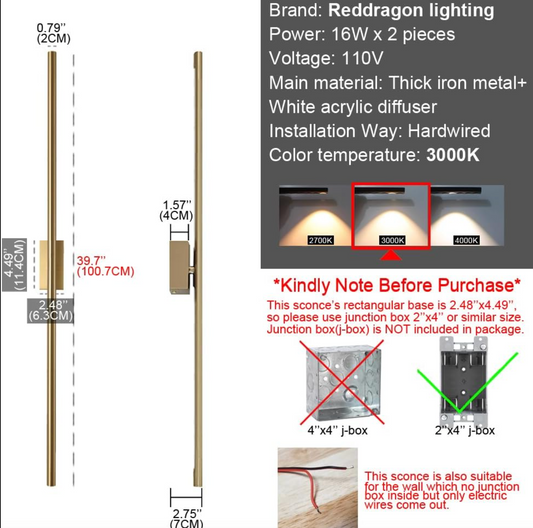 Set of 2 dimmable hardwired linear gold LED wall 40" sconces 💫