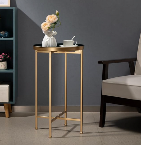 Navy blue & gold round metal waterproof 25H x 14D end table  ✨