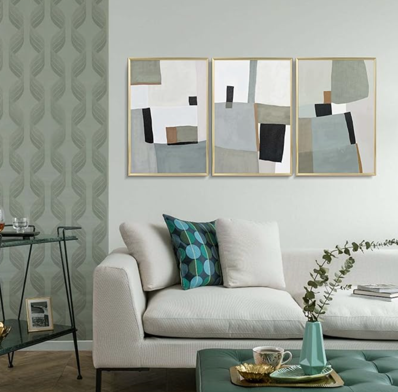 Abstract canvas with green geometric prints, 16x24, Set of 3 🤍
