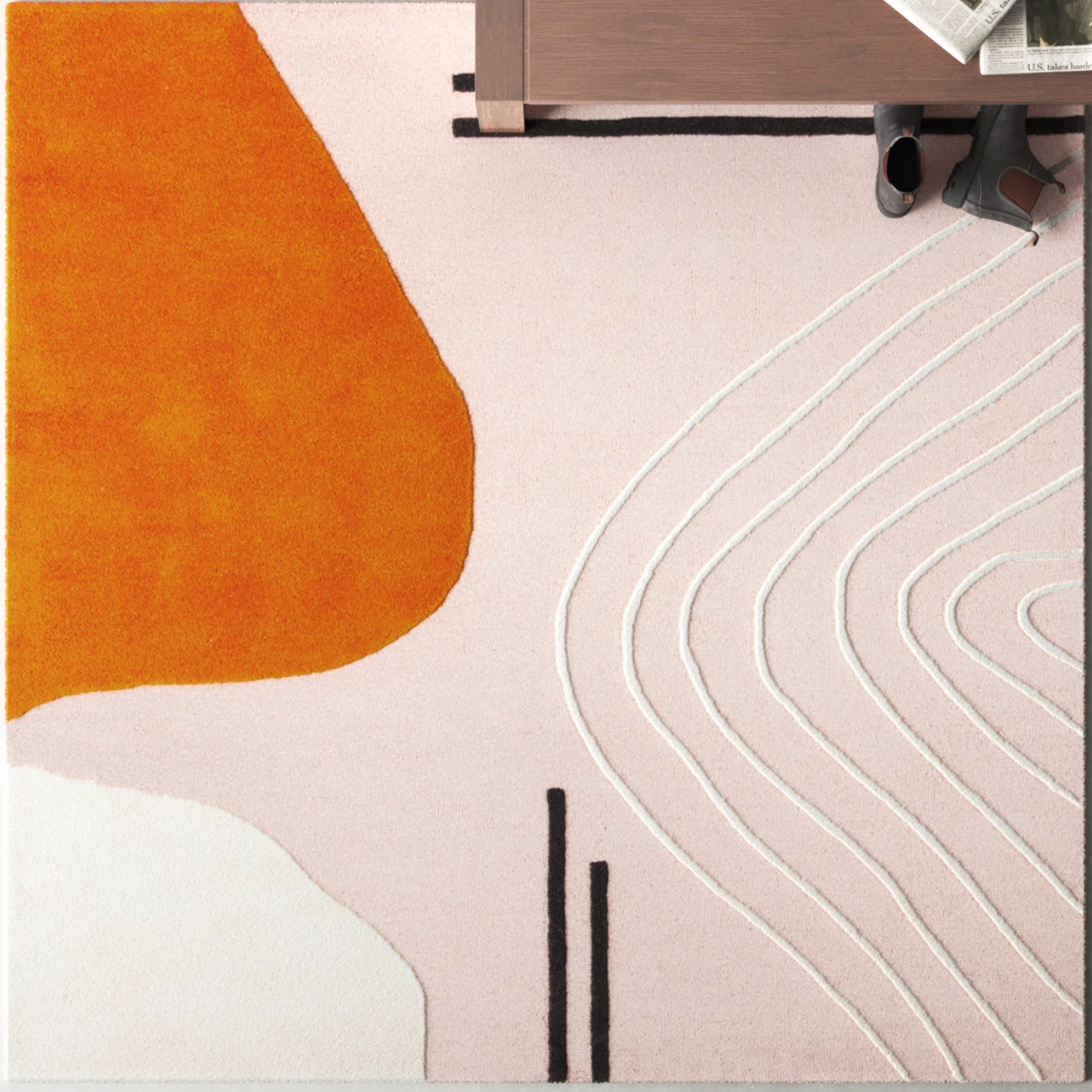 8" square pink, orange, & cream abstract wool rug 🧡