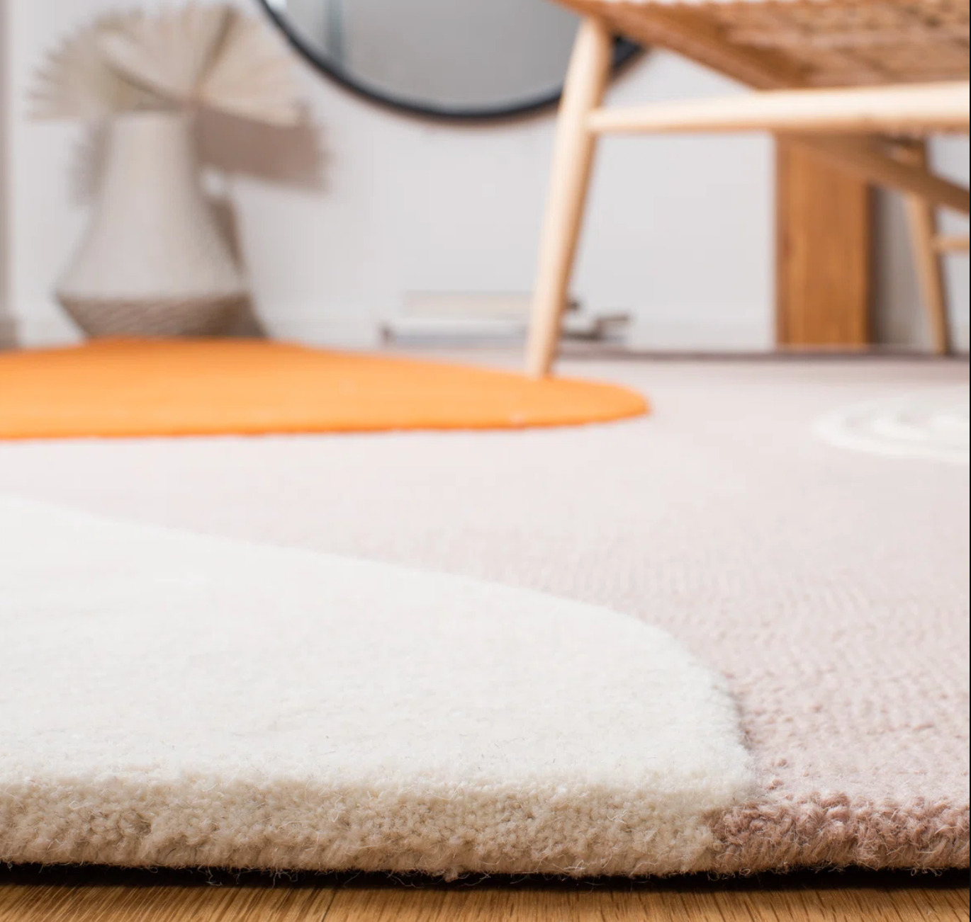 8" square pink, orange, & cream abstract wool rug 🧡